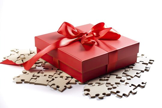 red gift box with a bow sitting on top of a completed puzzle. Generative AI