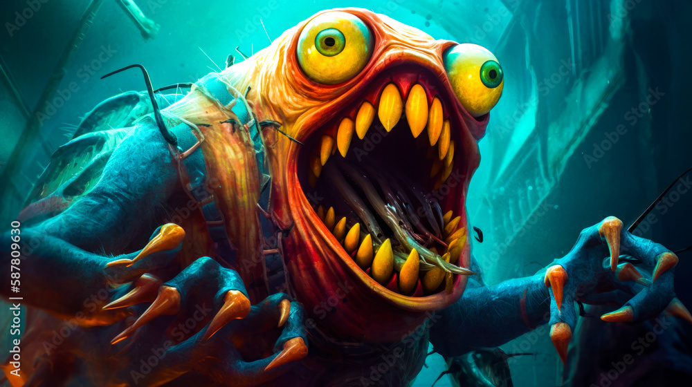 Poster strange looking creature with large teeth and large teeth. generative ai.