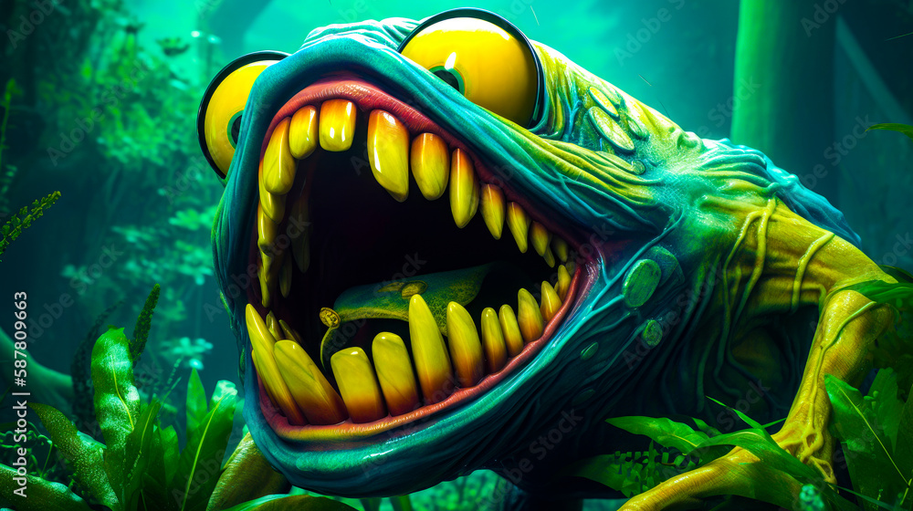 Poster close up of fish with its mouth open. generative ai.