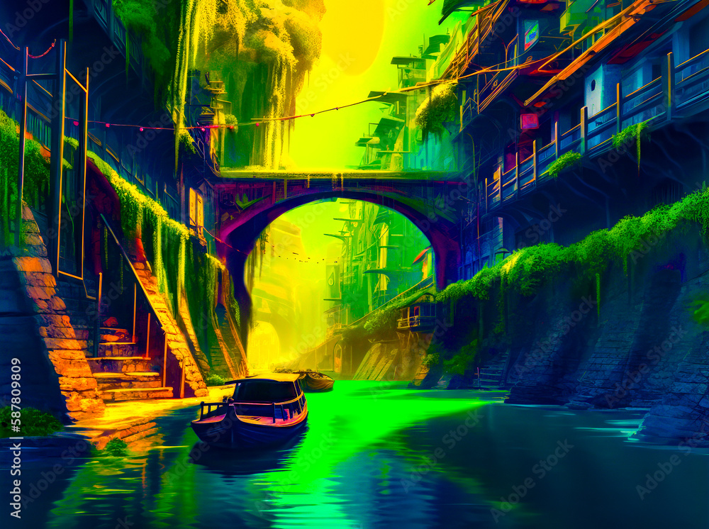 Poster painting of river with bridge in the background. generative ai.