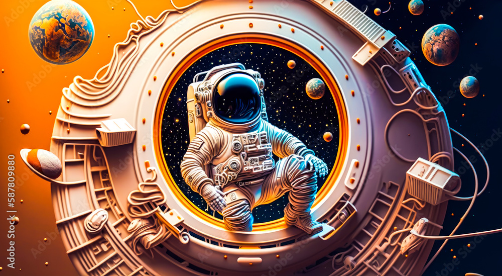 Poster painting of an astronaut in outer space. generative ai.
