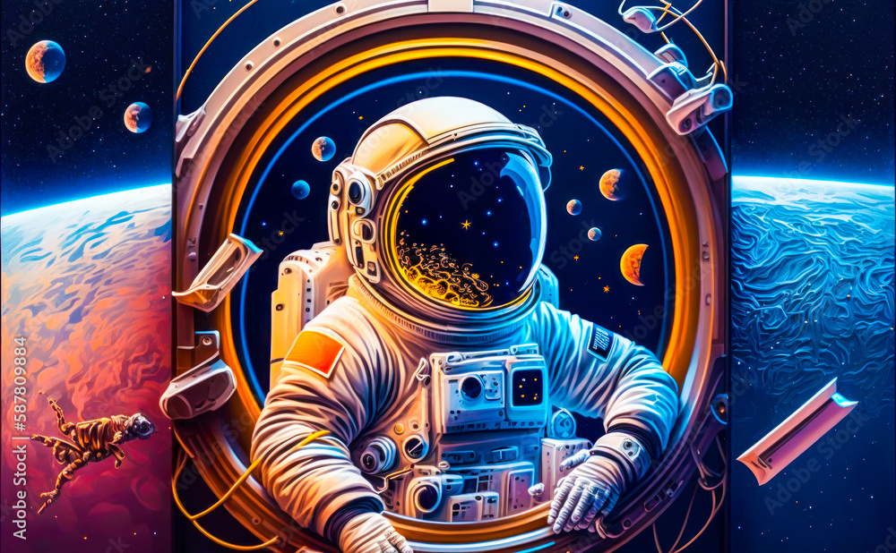 Aufkleber painting of an astronaut in outer space. generative ai.