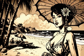 A beautiful Oriental Young woman on a beach with umbrella at sunset