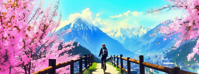 Fototapeta premium Traveler with backpack on the wooden bridge over the lake and mountain in the background. Generative AI
