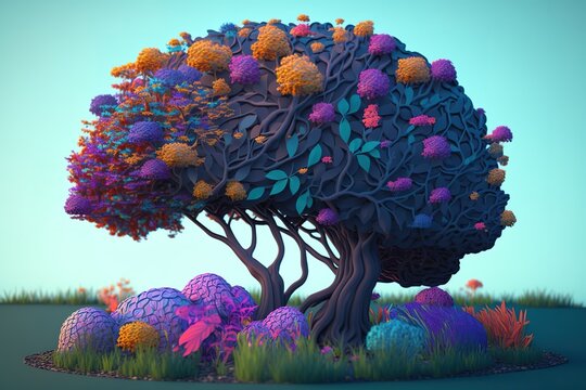 Illustration von einem Baum als Gehirn. Ein Baum ist geformt wie ein menschliches Gehirn. Konzept, natural und umweltbewusst zu denken. Generative KI
