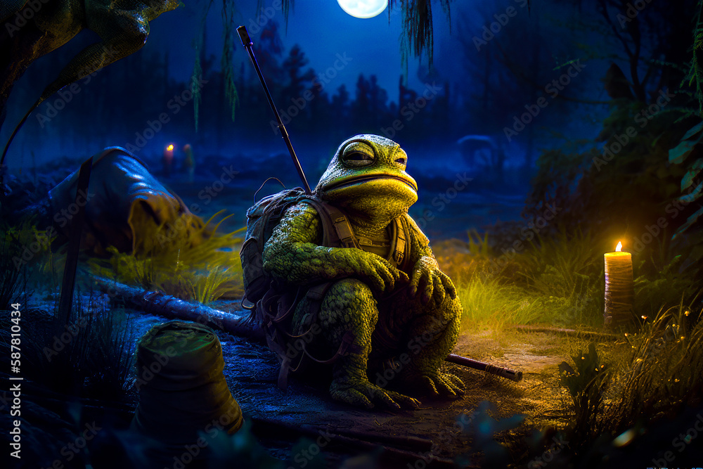 Poster frog sitting on log in the middle of forest. generative ai.