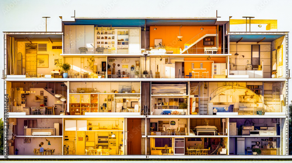 Aufkleber multi - story house with multiple levels of rooms. generative ai.