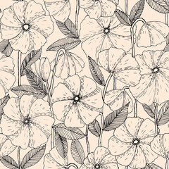 Botanical hand drawn seamless pattern made of ink pen poppy flowers with hatches. Simple minimalistic line art floral background in vintage style on beige.