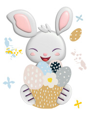 3D Easter vector template of cute bunny, cartoon basket with painted flowers and eggs. Voluminous white ears of the Easter bunny. Funny cartoon illustration for greeting card, banner, poster.