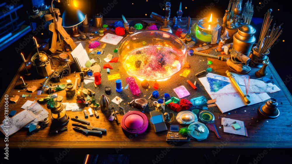 Poster Table topped with lots of assorted items. Generative AI.