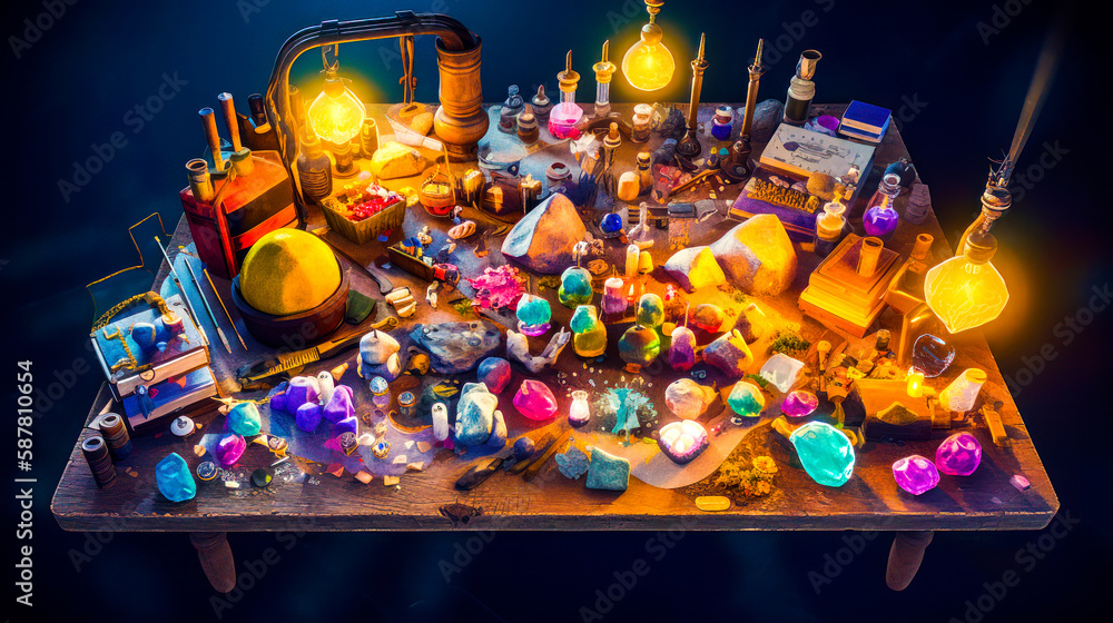 Poster table topped with lots of different types of items. generative ai.