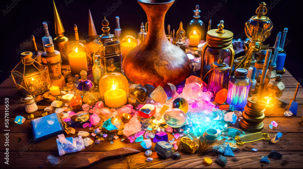 Aufkleber table topped with lots of bottles and candles. generative ai.