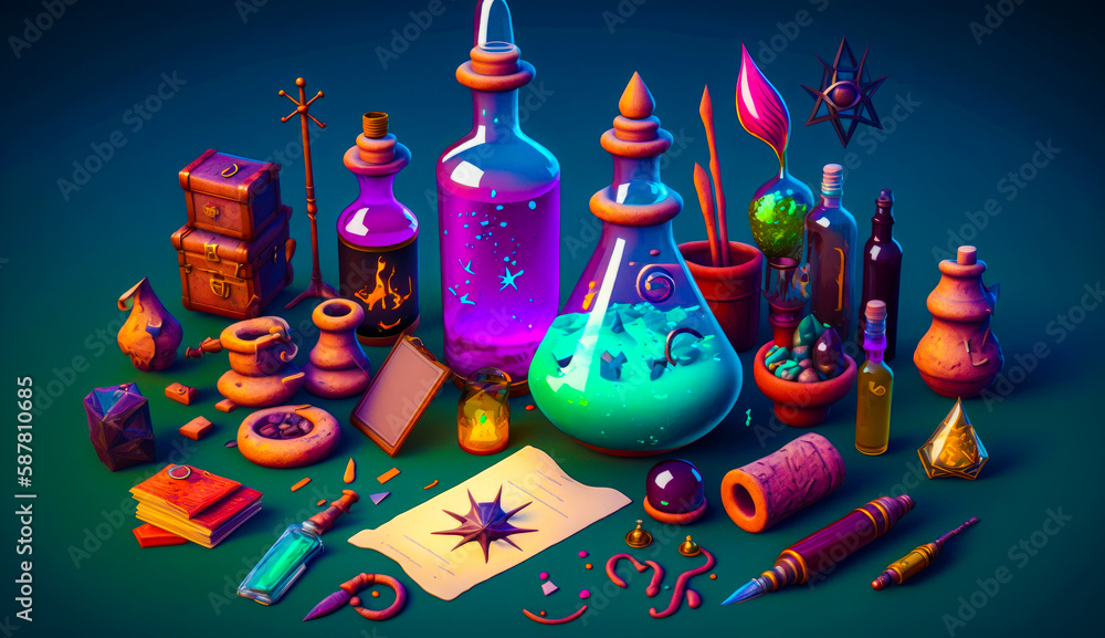 Poster bunch of different items that are on table. generative ai.