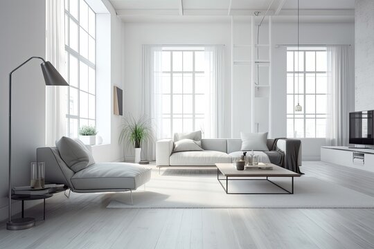 modern living room with minimalist white decor. Generative AI