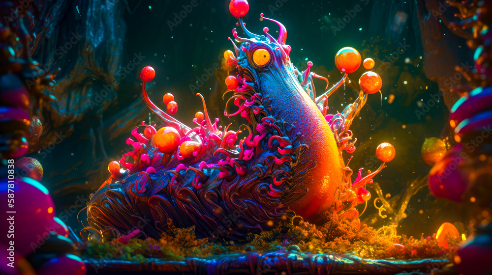 Poster very colorful and weird looking object in dark room. generative ai.