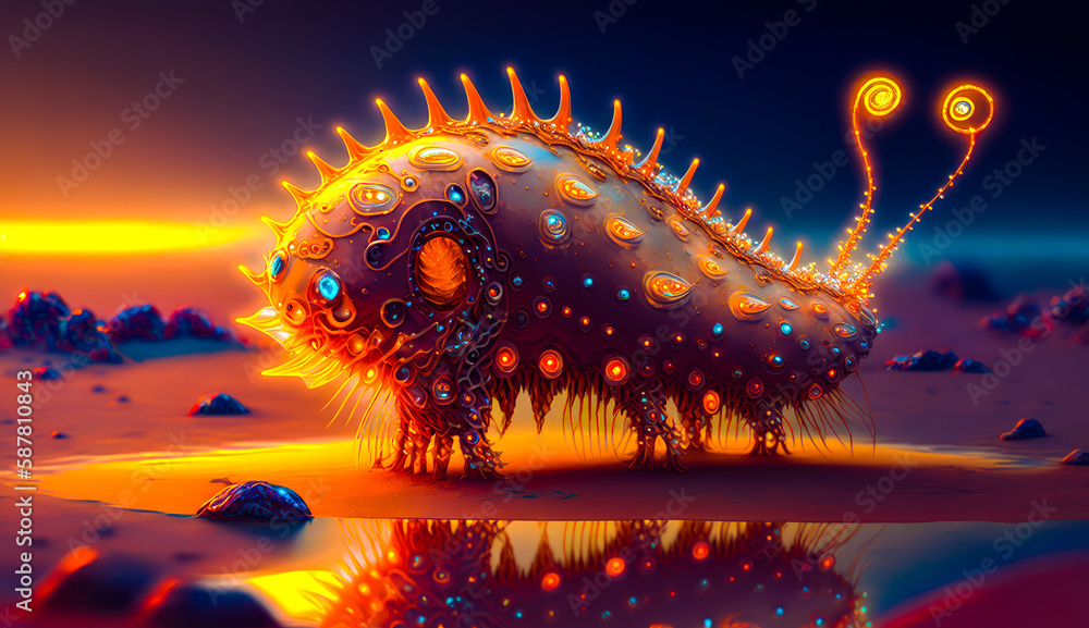 Poster very strange looking creature in the middle of desert. generative ai.