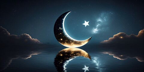 Obraz na płótnie Canvas Islam crescent star in night sky Ramadan illustration. AI generative.
