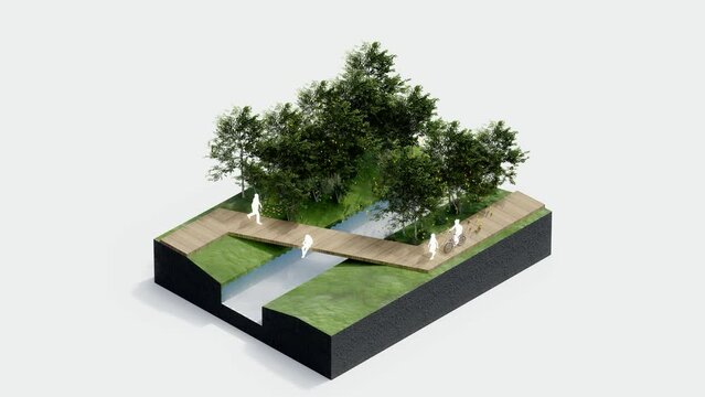 environment isometric park nature. isometric environmental sustainable landscape forest with people rest, 3d render animation. environment with tree, grass leaf, river, footpath on white isolated.
