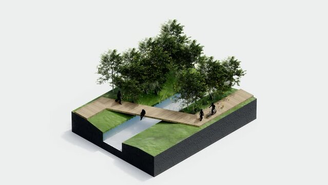 environment isometric park nature. isometric environmental sustainable landscape forest with people rest, 3d render animation. environment with tree, grass leaf, river, footpath on white isolated.