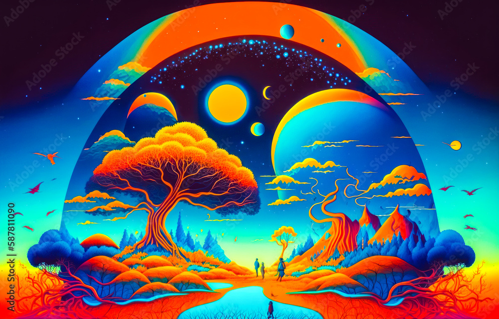 Poster painting of landscape with trees and planets. generative ai.