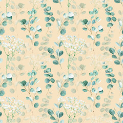 Seamless watercolor pattern with eucalyptus and gypsophila branches on beige background. Can be used for wedding prints, gift wrapping paper, kitchen textile and fabric prints.