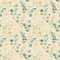 Seamless watercolor pattern with eucalyptus and gypsophila branches on beige background. Can be used for wedding prints, gift wrapping paper, kitchen textile and fabric prints. © Tatiana