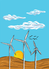 Wind farm and factory. Wind turbines. Green energy industry concept. Vector in flat style