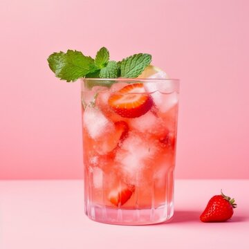 Fresh healthy limonate cocktail with crushed ice, strawberry and mint on pinkbackground. Summer cold drink concept Generative AI