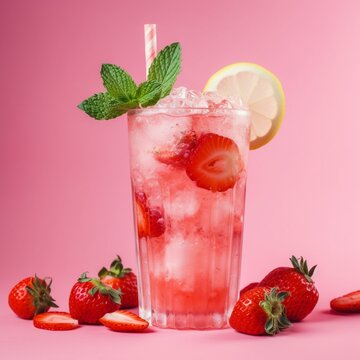 Fresh healthy limonate cocktail with crushed ice, strawberry and mint on pinkbackground. Summer cold drink concept Generative AI