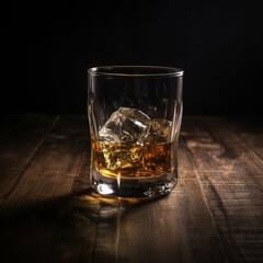 Glass of scotch whiskey and ice on old wooden table over black background. Banner with copy space Generative AI