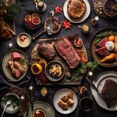 Flat lay of Delicious Christmas themed dinner table with roasted meat steak, appetizers and desserts. Top view. Holiday concept. Generative AI