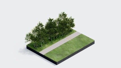 environment isometric park nature. isometric environmental sustainable landscape forest with people rest, 3d render illustration. environment with tree, grass leaf, river, footpath on white isolated.