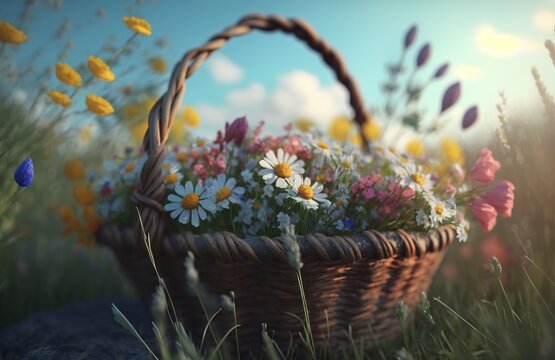Korb mit Wildblumen, frisch gepfl&uuml;ckt. Ein geflochtener Blumenkorb steht auf einer Wiese mit unterschiedlichen Arten von bunten Blumen. Generativ KI