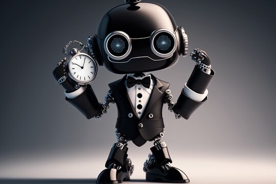 Meet The Future: Award-winning 8K Cinematic Shot Of A Cute Robot Wearing A Tailored Tuxedo & Diamond Watch In A Neon-Backlit Full Body Pose, Generative Ai