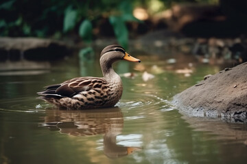 A duck swimming in a pond