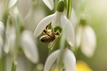 bee and snowdrops