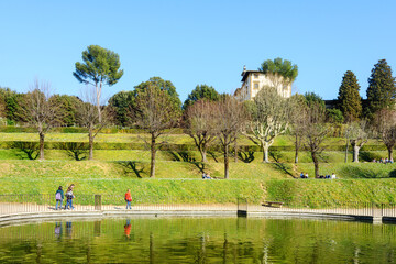 Boboli Gardens. Florence. Italy. Statue of Neptune with a trident. City park in Florence