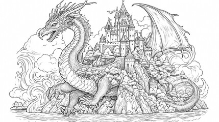 Coloring book of dragon for children and adults. Illustration isolated on white background - Generative AI technology - 587813247