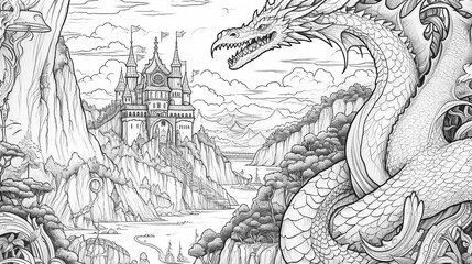 Coloring book of dragon for children and adults. Illustration isolated on white background - Generative AI technology - 587813250