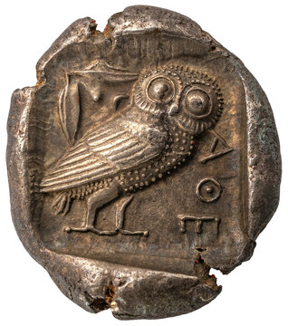 antike griechische Münze: Eule, Käuzchen mit Schriftzeichen