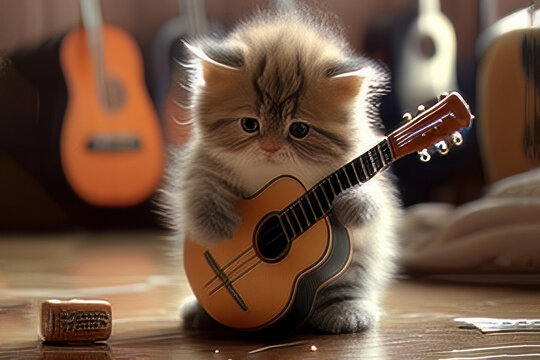 sad kitten attempting to play a guitarAdorable kitten is learning to play the guitar. This is an advertisement for music instrument lessons.