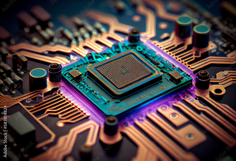 Poster chip semiconductor close up of computer circuit board,generative ai