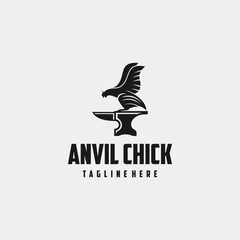 Chicken flying Black Rooster Anvil classic black Silhouette Illustration Logo design