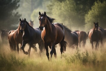 Fototapeta premium Group of horses galloping across a beautiful meadow Generative AI