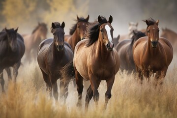 Fototapeta premium Group of horses galloping across a beautiful meadow Generative AI