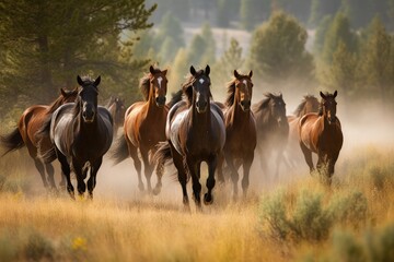 Group of horses galloping across a beautiful meadow Generative AI
