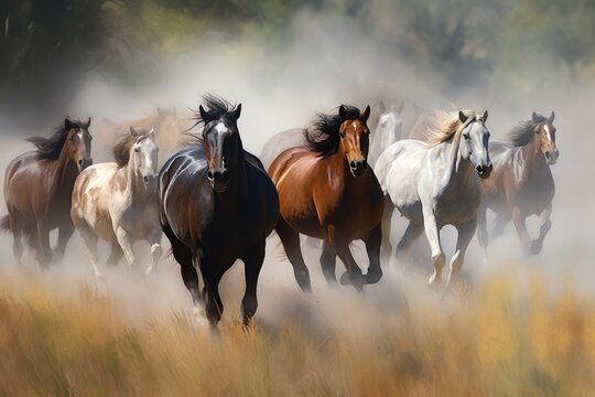 Group of horses galloping across a beautiful meadow Generative AI