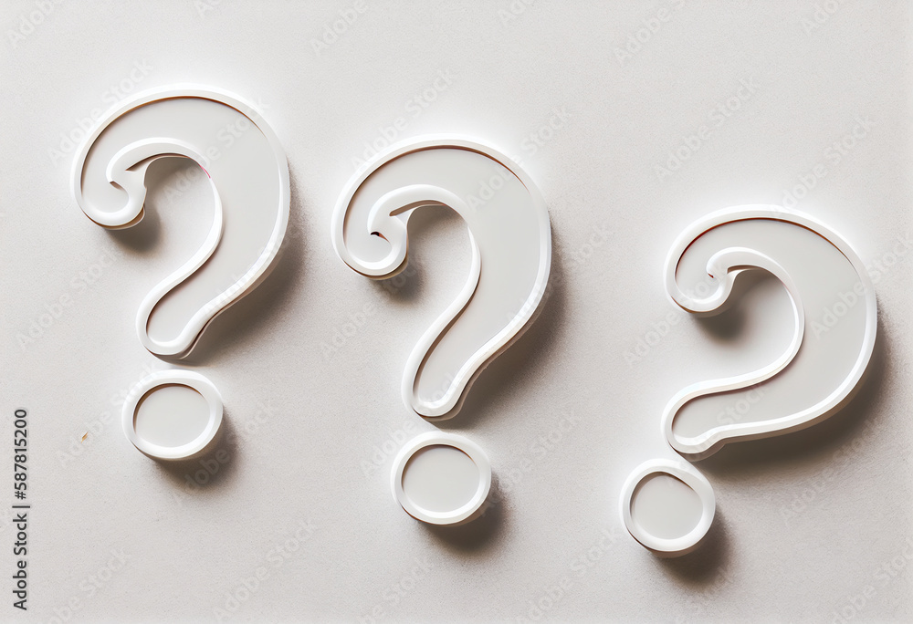 Poster three white question marks symbol on white floor flat lay top view from above with copy space, quest
