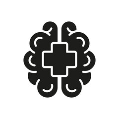 Psychology Care Sign. Emotional Support. Human Brain with Cross Shape, Medical Aid for Human with Psychological Disorder Glyph Pictogram. Mental Health Silhouette Icon. Isolated Vector Illustration