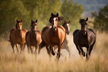 Fototapeta premium Group of horses galloping across a beautiful meadow Generative AI
